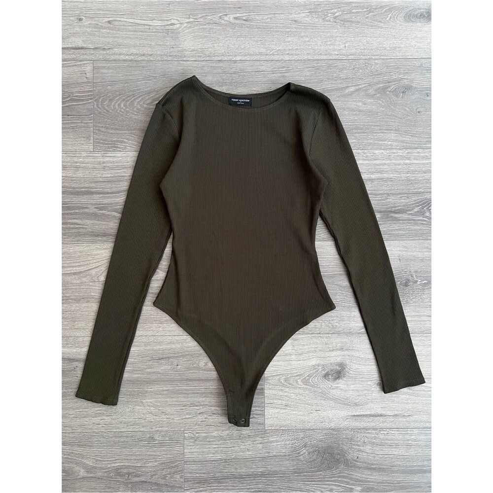 NAKED WARDROBE Ribbed Bodysuit Medium Olive Green Crewneck Casual Boho Fall Tops